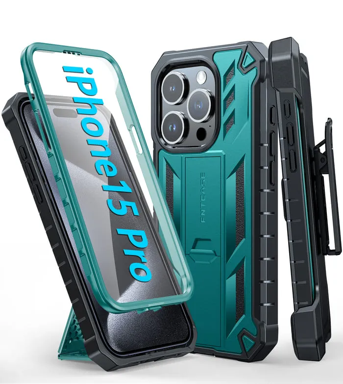 Sporty Design iPhone 15 Pro Case: Military Grade Rugged Phone Cover with Belt-Clip Holster and Built-in Screen Protector