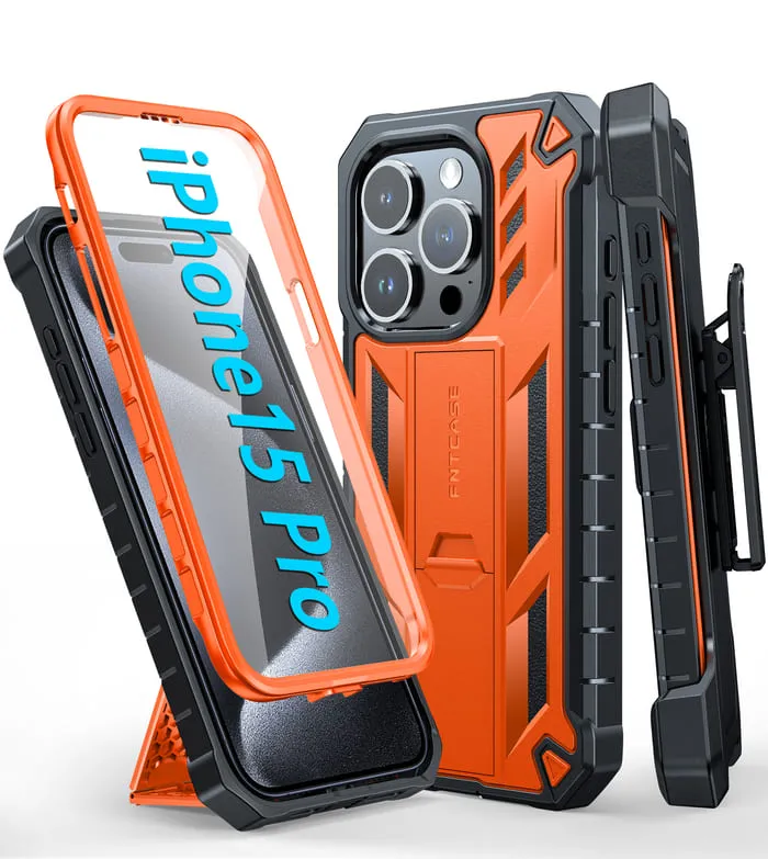 Custom Fit Outdoor Adventure iPhone 15 Pro Case: Military Grade Rugged Phone Cover with Belt-Clip Holster and Built-in Screen Protector