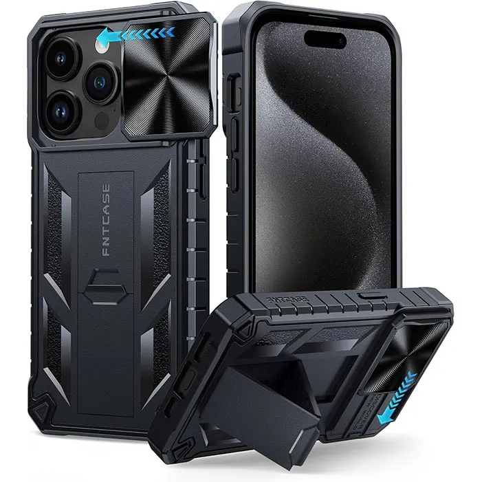 iPhone 15 Pro Case Phone Cover with Slidable Camera Cover and Kickstand Slim Profiled