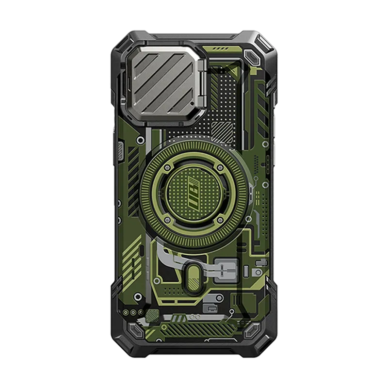 Luxury Appeal Unique Artwork iPhone 15 Pro Max 6.7 inch Unicorn Beetle MAG XT MagSafe Case- Green Circuit