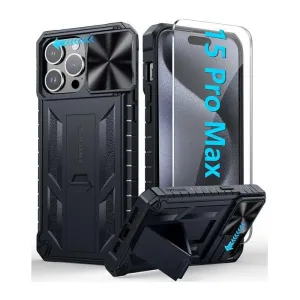 Stylish Surface Design Classic Grip iPhone 15-Pro-Max Case: Phone Cover with Slidable Camera Cover and Kickstand