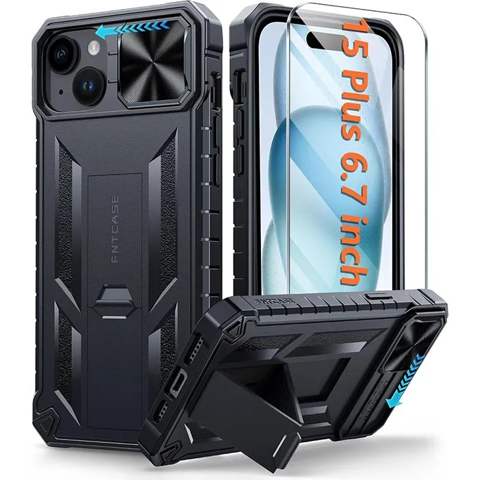 iPhone 15/14 Plus Case Phone Cover with Slidable Camera Cover and Kickstand Ergonomic Feel Flexible Detail Design