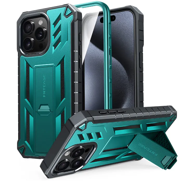 Grip Enhanced Durable Texture iPhone 15-Pro-Max Case: Military Grade Rugged Cell Phone Cover with Built-in Screen Protector and Kickstand