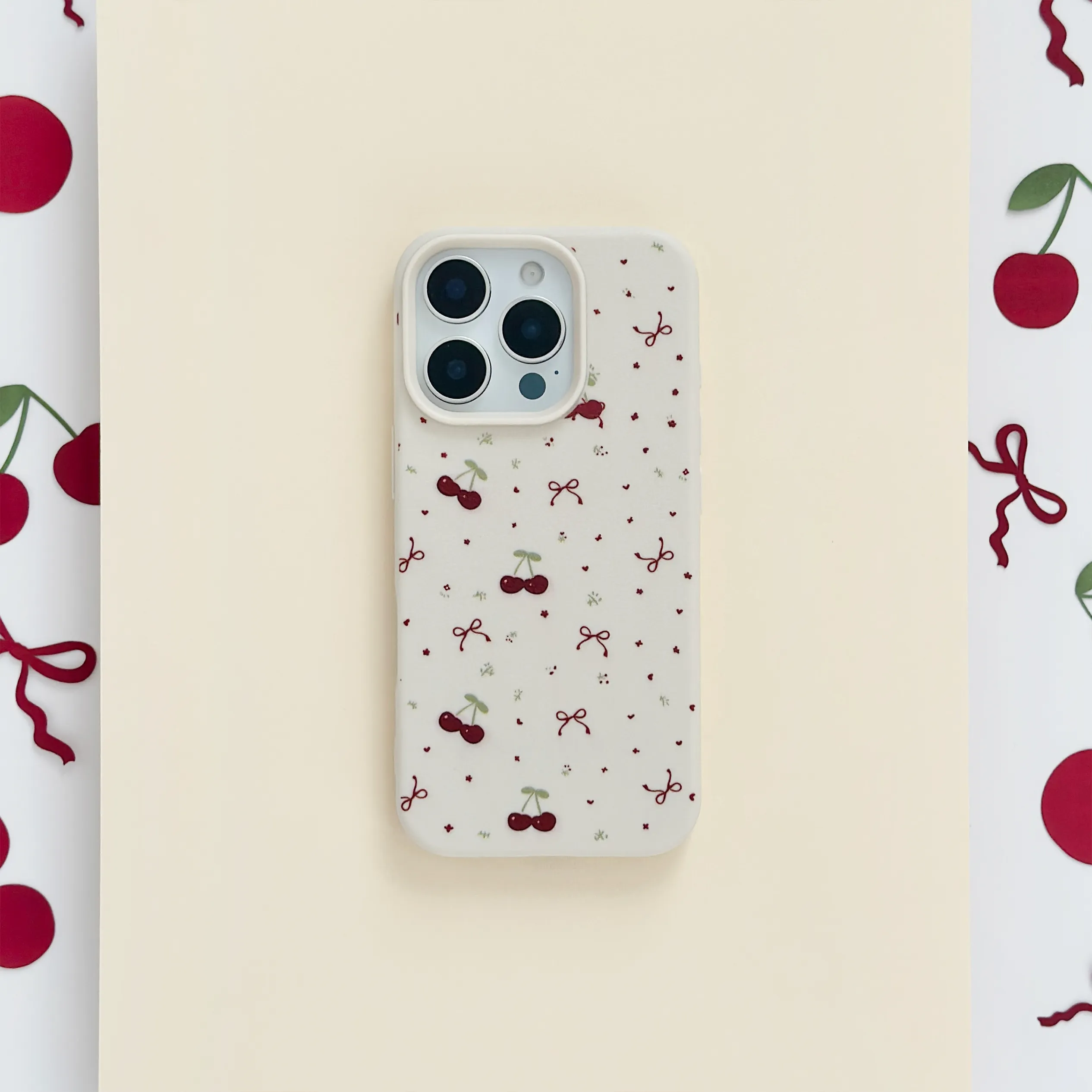 Ditsy Bows & Cherries Phone Case - Soft White Stylish Layer Flexible Shell