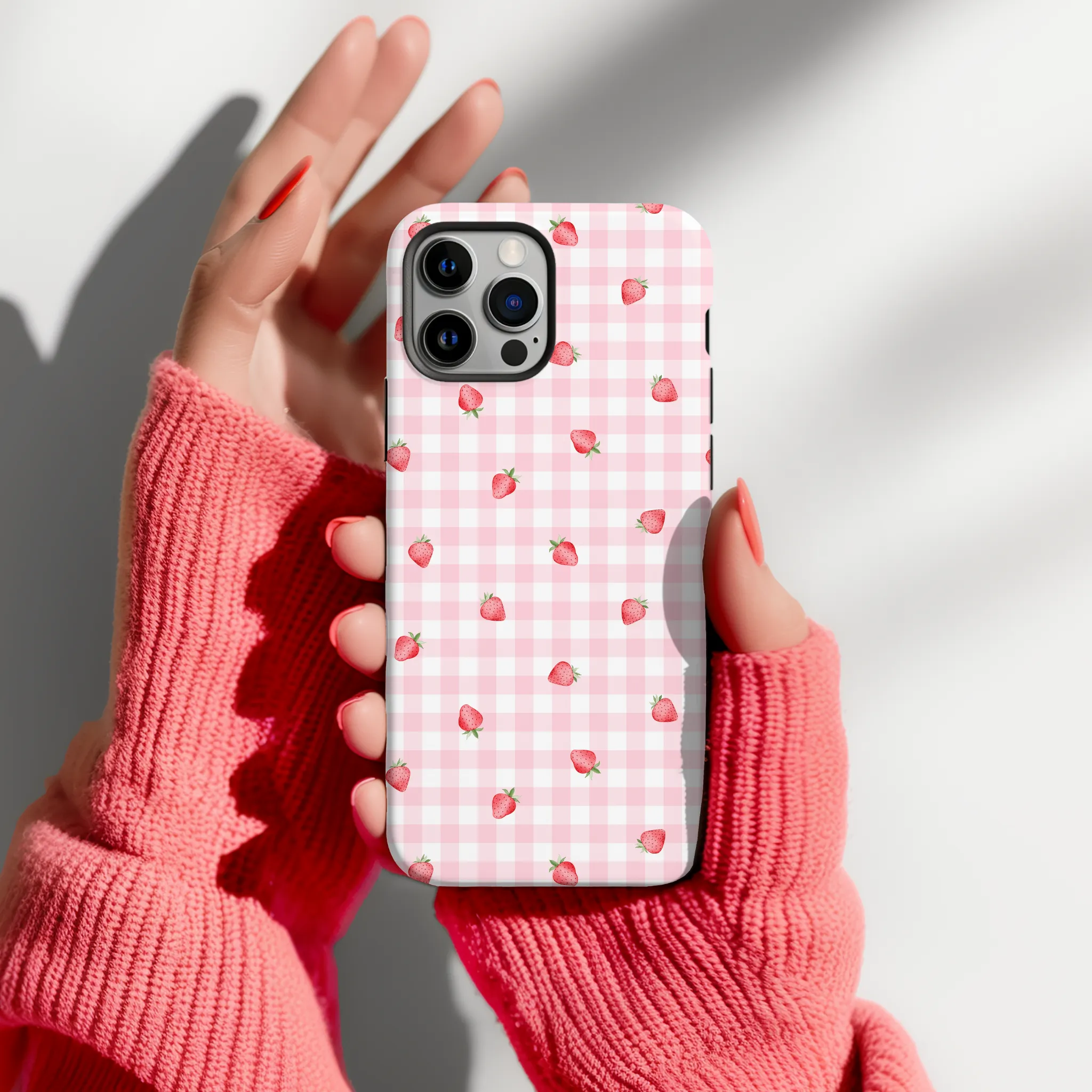 Tough Phone Case - Gingham Ditsy Strawberries Polished Finish