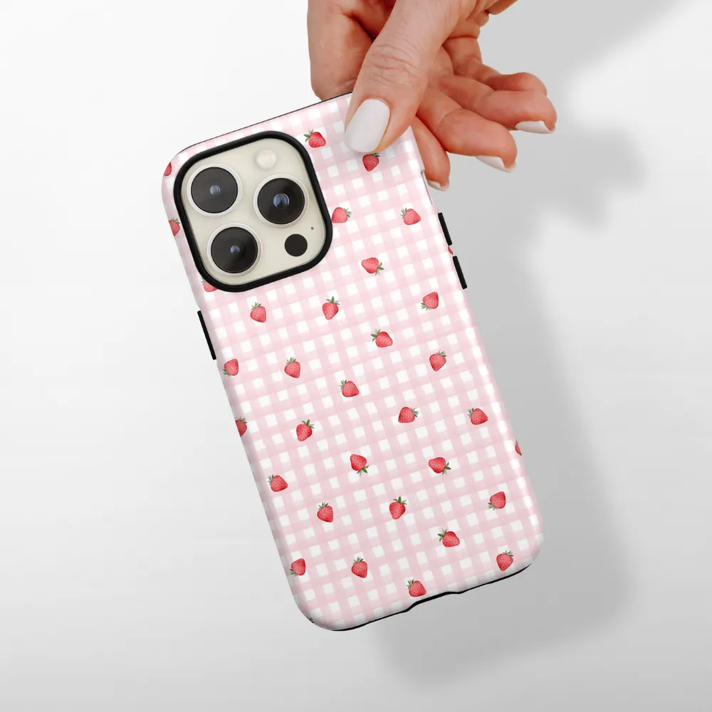 Protective Surface Compact Design Tough Phone Case - Gingham Ditsy Strawberries
