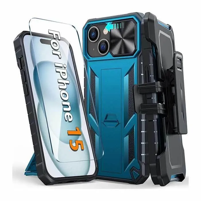 Gloss Finish Texture iPhone 15 6.1 inches Case: Rugged Protective Phone Case with Belt Clip Holster, Sliding Camera Lens Cover, and Kickstand