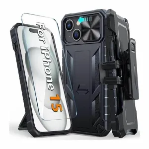iPhone 15 6.1 inches Case: Rugged Protective Phone Case with Belt Clip Holster, Sliding Camera Lens Cover, and Kickstand Elegant Texture