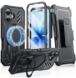 FNTCASE for iPhone 17 Case with Ring Holder Magnetic Kickstand Military Grade Shockproof Protective Rugged Cell Phone Cover with Belt Clip Holster Smooth Design Color Accent