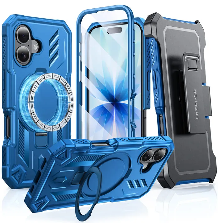 FNTCASE for iPhone 17 Case with Ring Holder Magnetic Kickstand Military Grade Shockproof Protective Rugged Cell Phone Cover with Belt Clip Holster Flexible Layer Design