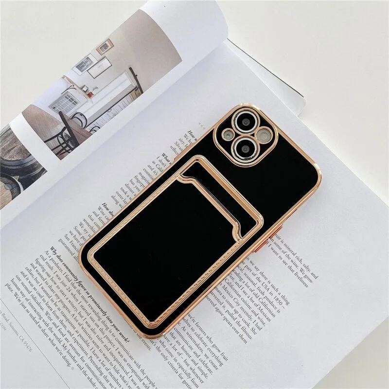 Luxury Gold Plating Card Holder Phone Case For iPhone Artistic Print