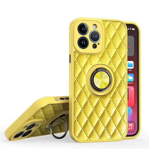 High-End Detail Shock Guard Luxury Leather Diamond Quilted Ring Holder Phone Case For Apple iPhone