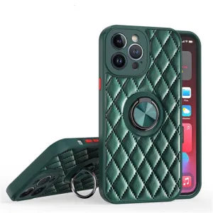 Luxury Leather Diamond Quilted Ring Holder Phone Case For Apple iPhone Hybrid Material