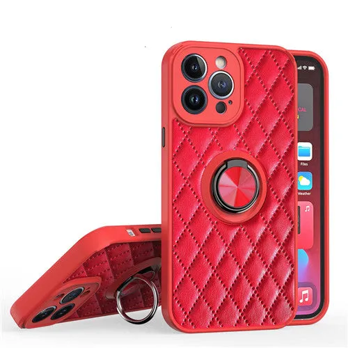 Luxury Leather Diamond Quilted Ring Holder Phone Case For Apple iPhone Minimal Feature