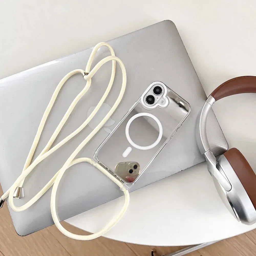 MagSafe Mirror Crossbody Strap Case for iPhone 16, 15, 14 & 13 Pro Max/Pro Luxury Grip Wireless charging