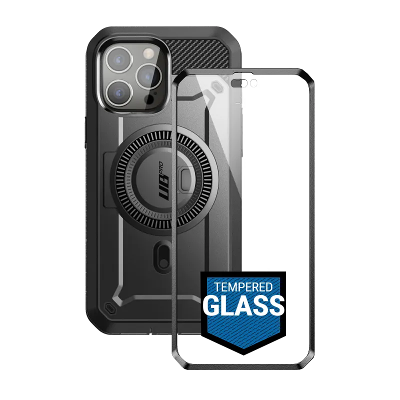 High protection iPhone 14 Pro Max 6.7 inch Unicorn Beetle PRO MAG Rugged Case with Tempered Glass-Black