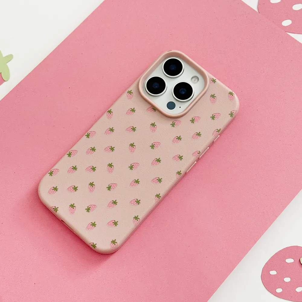 High Durability Ditsy Strawberries Phone Case - Powder Pink