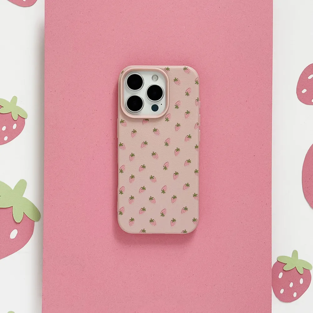 Ditsy Strawberries Phone Case - Powder Pink Minimal Texture