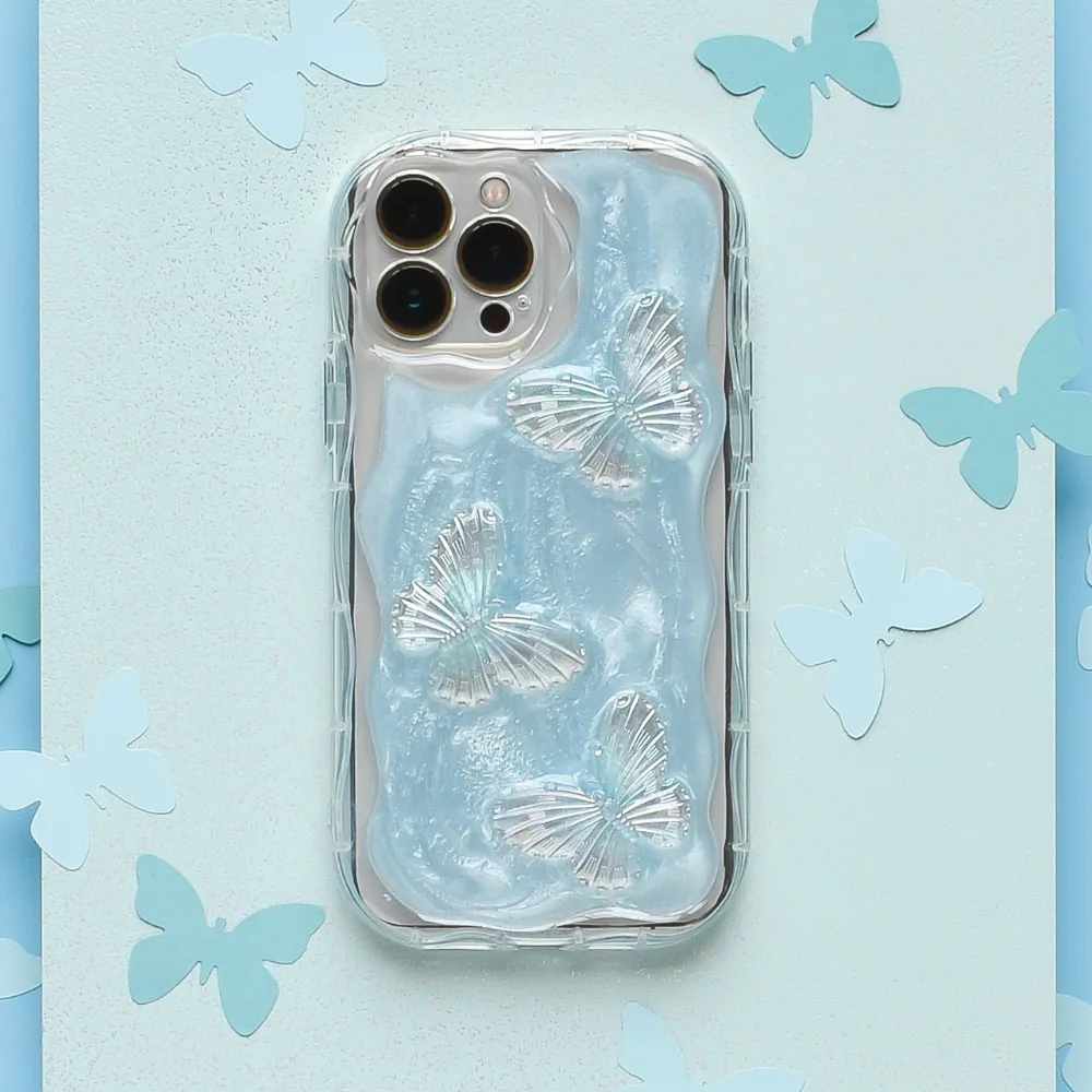 Durable Frame Anti Shock Shimmer Blue Butterflies Phone Case