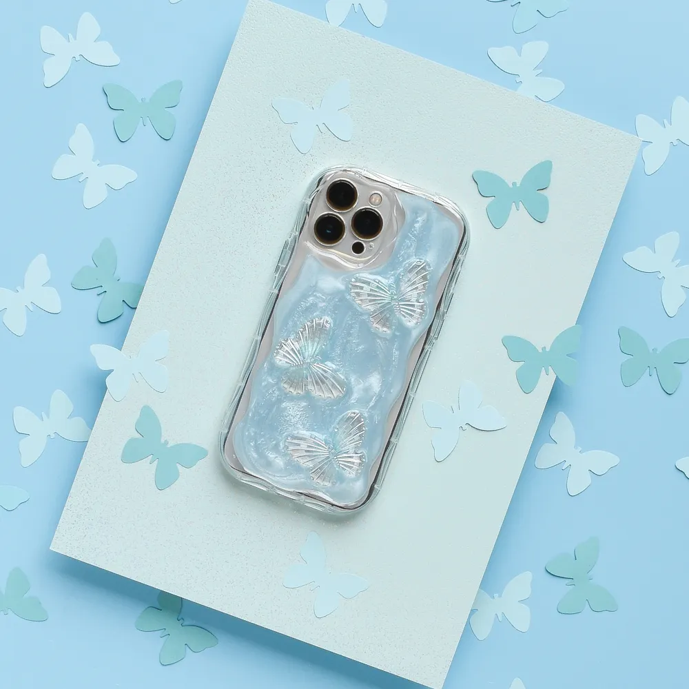 Hybrid Texture Trendy Aesthetic Shimmer Blue Butterflies Phone Case