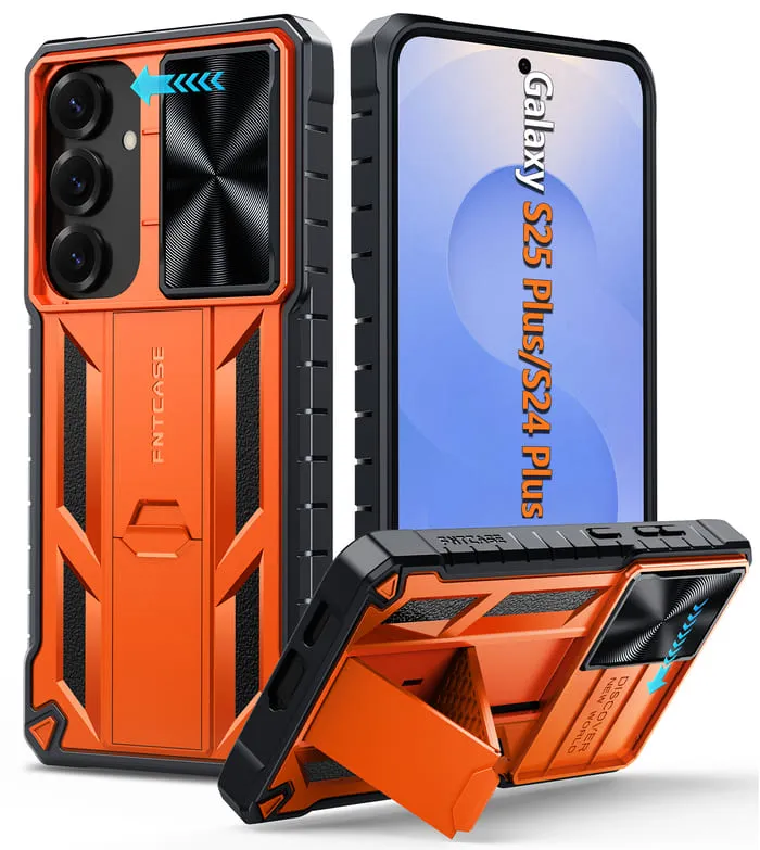 Rugged Edge Screen Bumper FNTCASE for Samsung Galaxy S25 / S24  5G 6.7 inch Matte Textured Sturdy Bumper Rugged Case with Slidable Camera Lens Cover, Kickstand