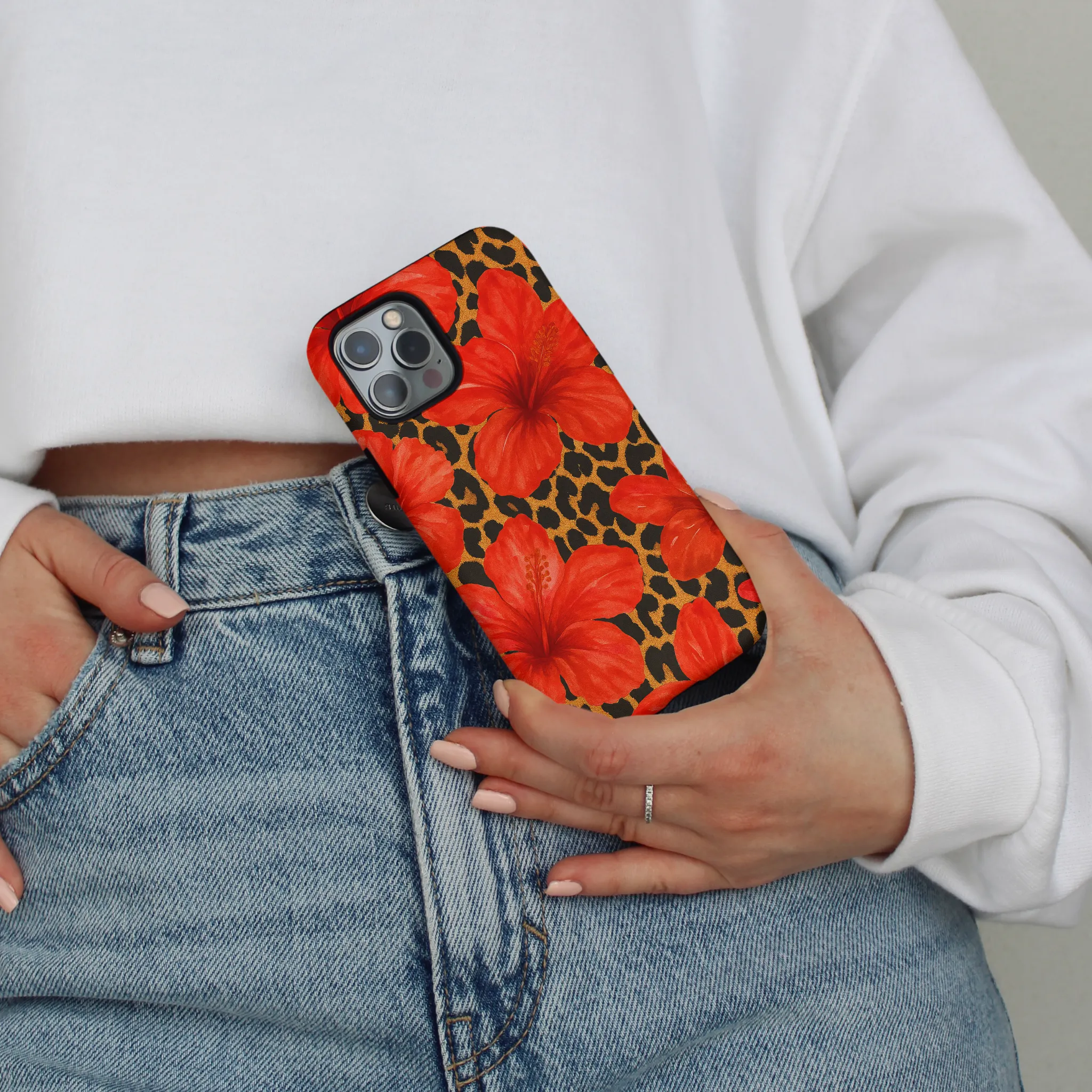 Soft Finish Texture Tough Phone Case - Leopard Hibiscus