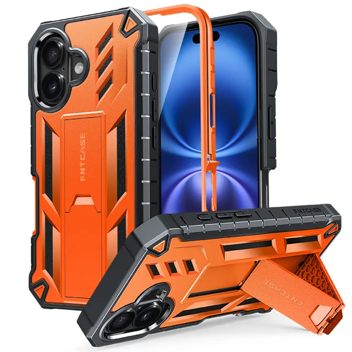 FNTCASE For iPhone 16 6.1 inch 2024 Phone Case: Military Grade Shockproof with Built-in Screen Protector and Kickstand Minimal Build Texture Creative Design