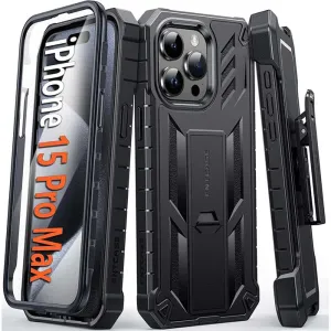 Compact Structure Smooth Edge Design iPhone 15 Pro Max Phone Case: Belt-Clip Holster and Kickstand Rugged Full Protective Phone Case