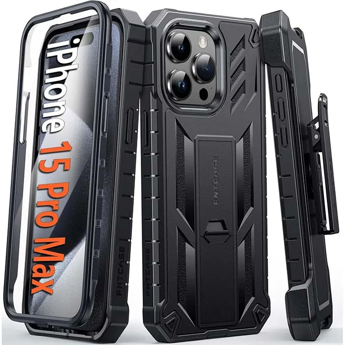 Compact Structure Smooth Edge Design iPhone 15 Pro Max Phone Case: Belt-Clip Holster and Kickstand Rugged Full Protective Phone Case