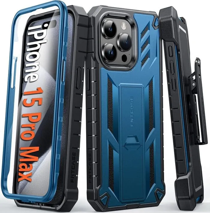 Light Build iPhone 15 Pro Max Phone Case: Belt-Clip Holster and Kickstand Rugged Full Protective Phone Case