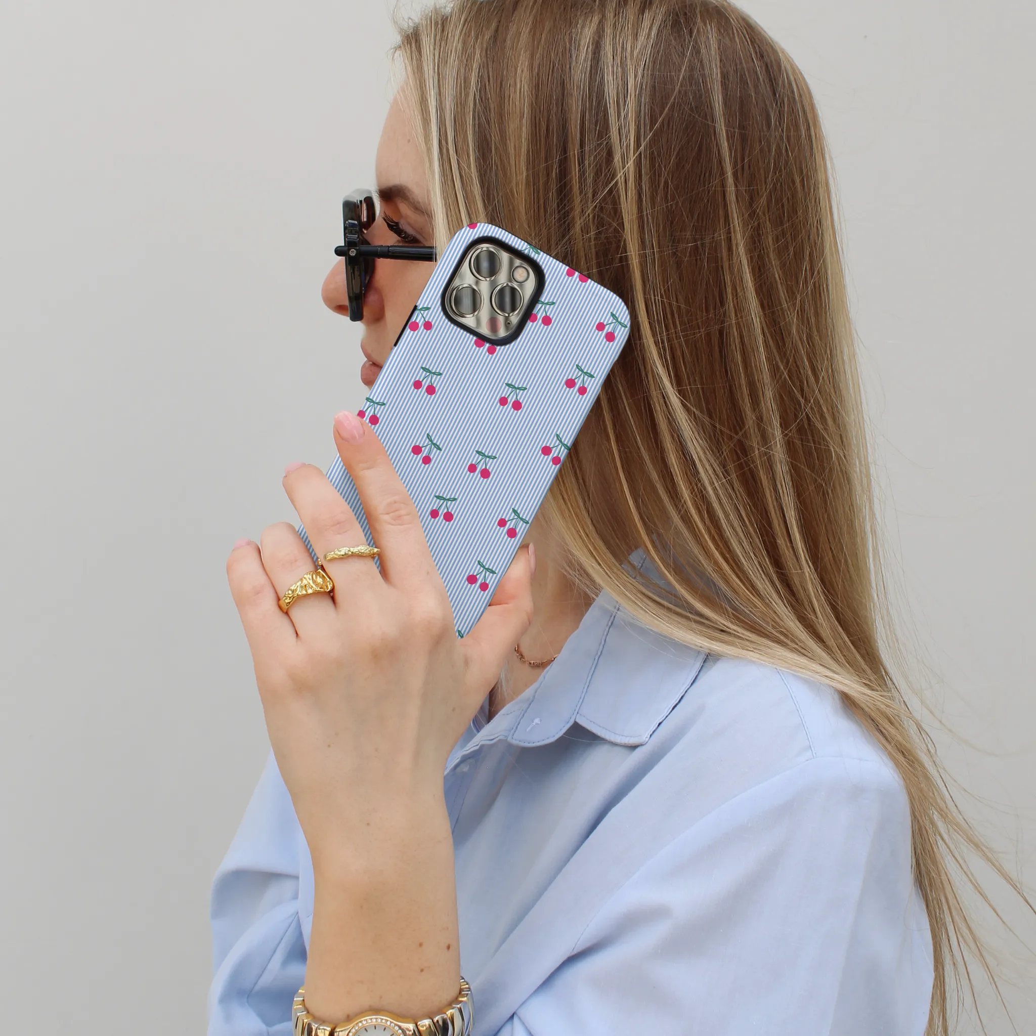 Durable Accessory Tough Phone Case - Blue Stripe Cherries