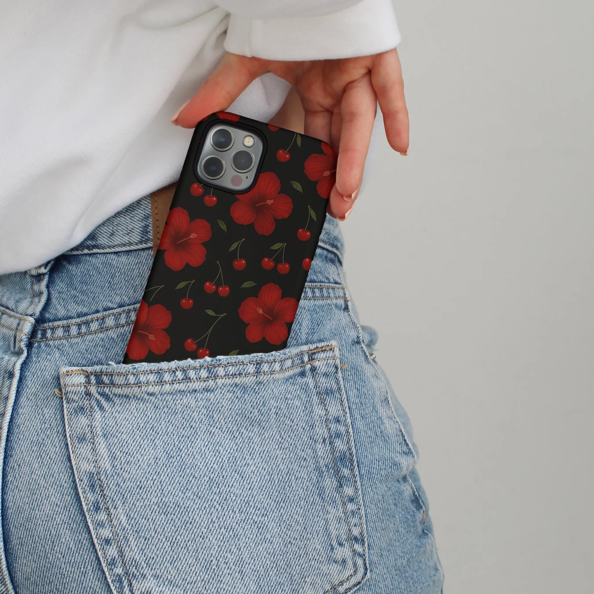 Rugged Build Texture Luxury Style Tough Phone Case - Cherry Hibiscus
