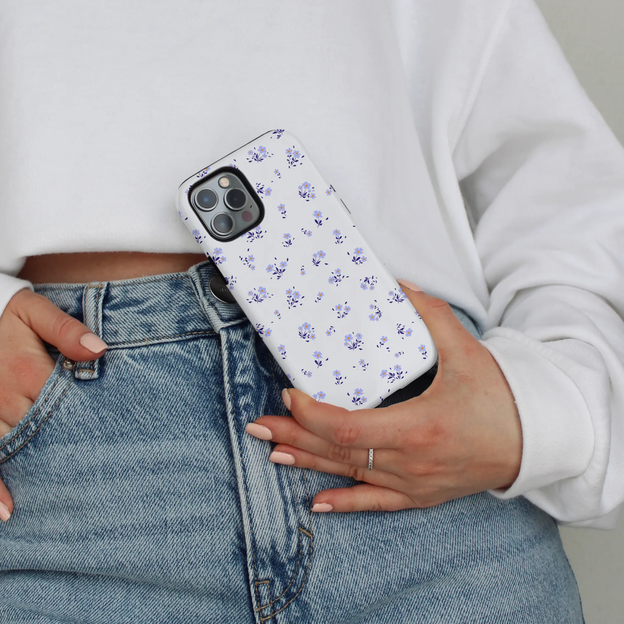 Tough Phone Case - Ditsy Floral Periwinkle Hybrid Finish Soft coating