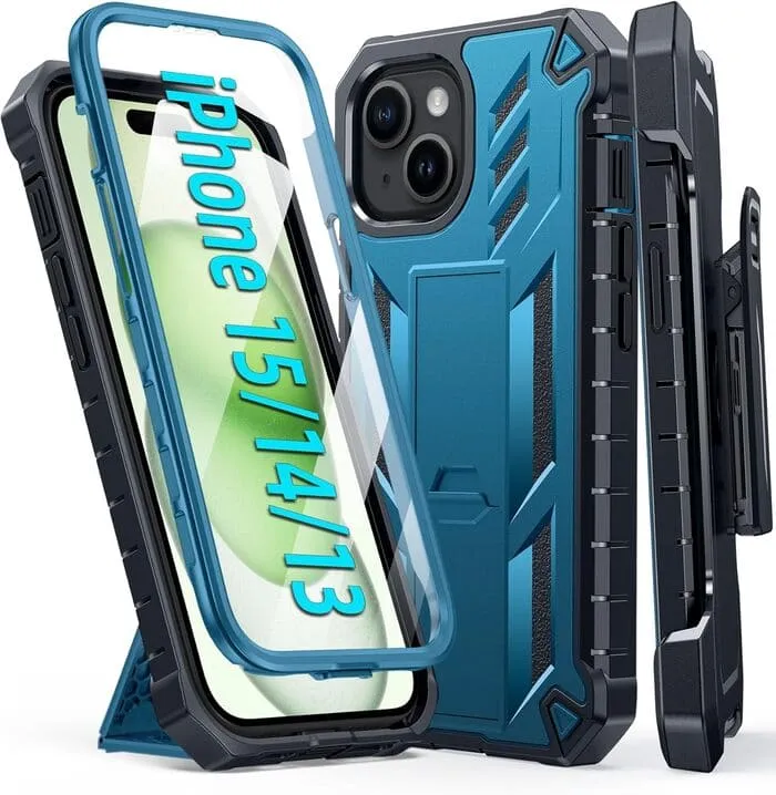 Premium Detail Finish Hybrid Shield iPhone 15 Phone Case: with Belt-Clip Holster & Kickstand