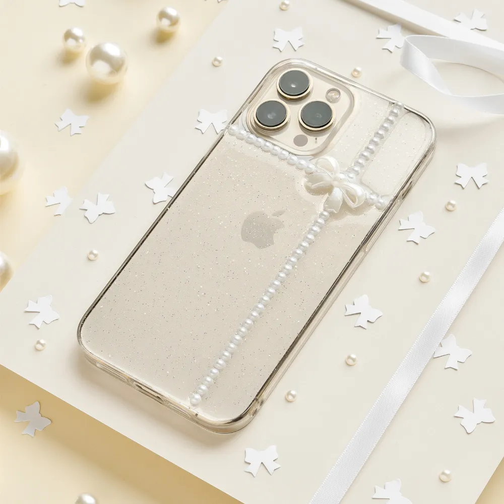 Textured Grip Clear Pearl Bow Phone Case