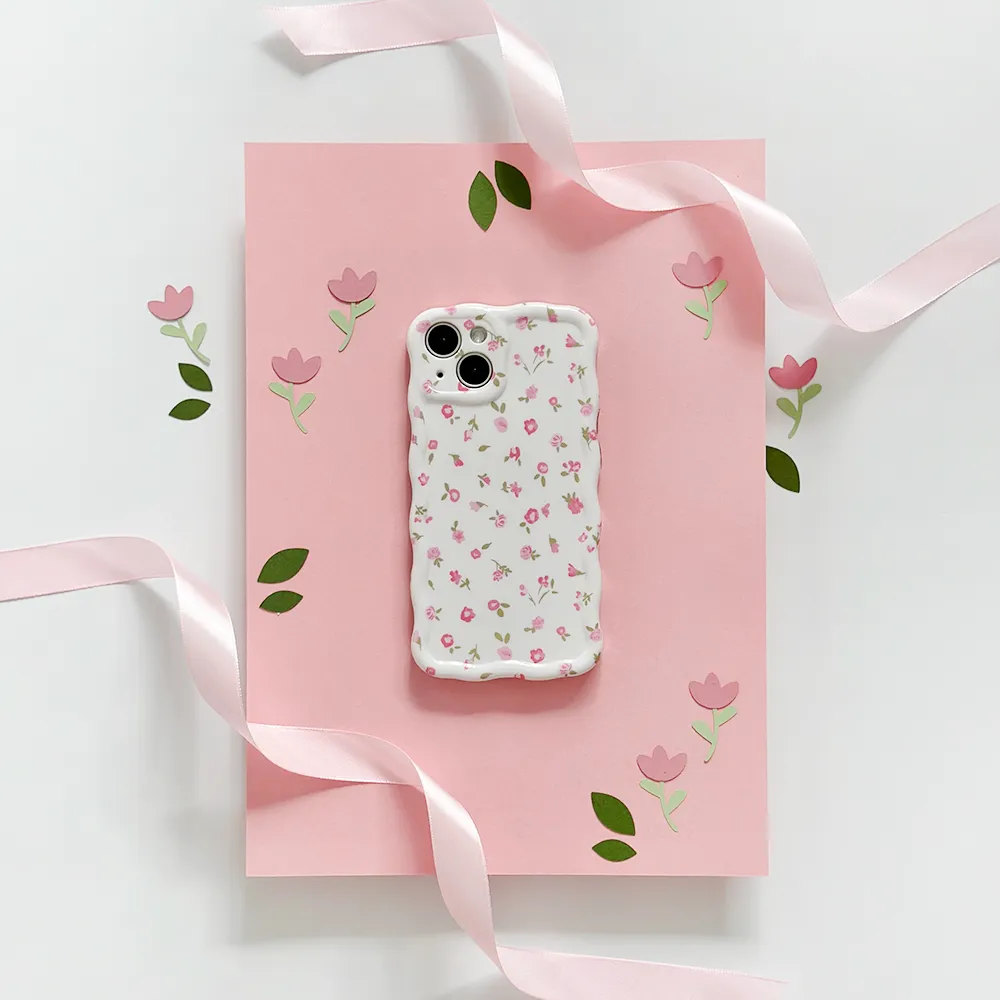 Wavy Phone Case - Pink Watercolour Flowers Luxury Detail Texture Durable Shape