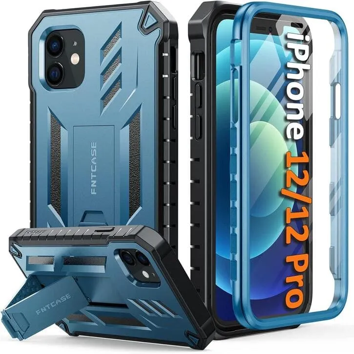 Non Slip daily accessory iPhone 12/12 Pro Phone Case Military Grade Drop Proof Rugged Protective Cover with Built-in Screen Protector and Kickstand