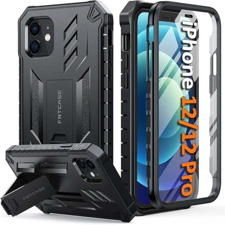 iPhone 12/12 Pro Phone Case Military Grade Drop Proof Rugged Protective Cover with Built-in Screen Protector and Kickstand Ergonomic Shape