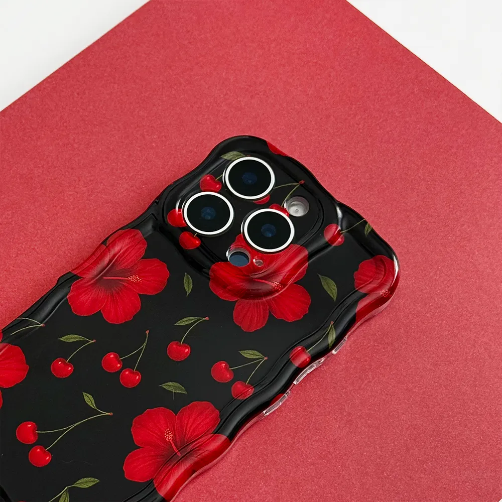 Premium Edge Design Wavy Phone Case - Cherry Hibiscus