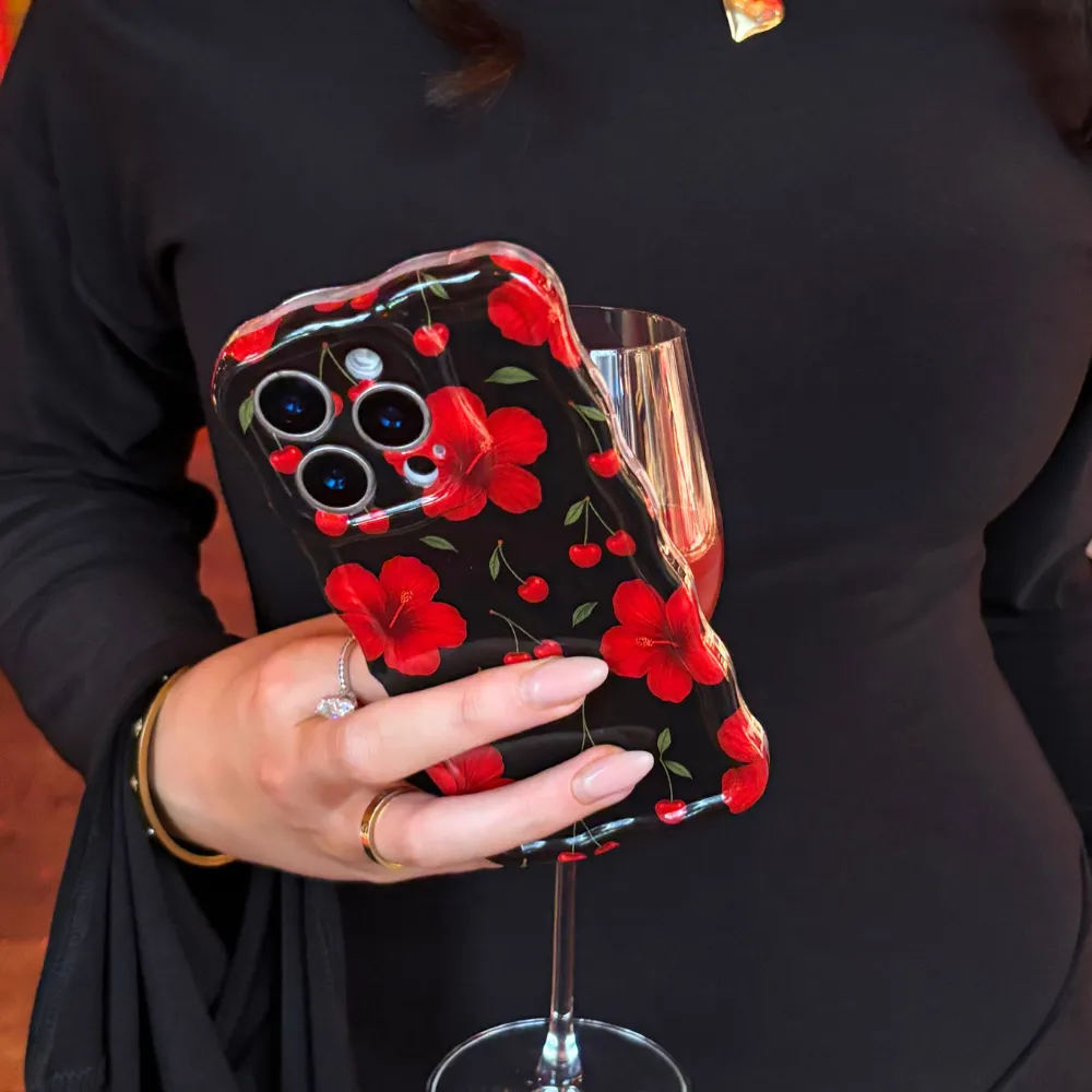 Durable Edge Texture Wavy Phone Case - Cherry Hibiscus